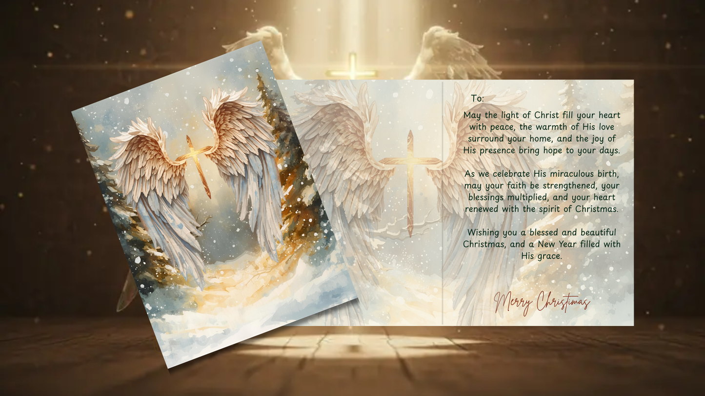 Religious Christmas card with angel wings and glowing cross in snowy scene, part of Joyful Reflections: A Set of 5 Religious Christmas Cards.