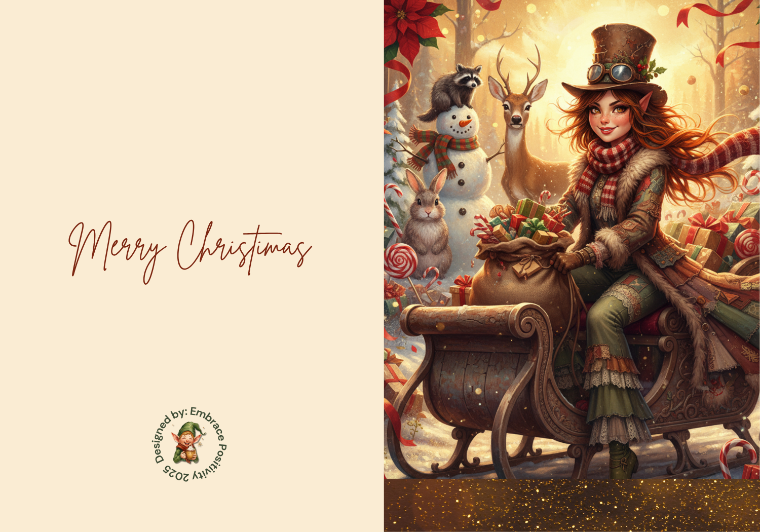 Whimsicle Elf Christmas Card Bundle - Digital Download featuring a steampunk-style elf woman on a sleigh with gifts, snowman, and reindeer. Festive design ideal for printable holiday greeting cards and DIY Christmas stationery.