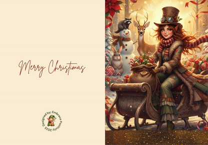 Whimsicle Elf Christmas Card Bundle - Digital Download featuring a steampunk-style elf woman on a sleigh with gifts, snowman, and reindeer. Festive design ideal for printable holiday greeting cards and DIY Christmas stationery.