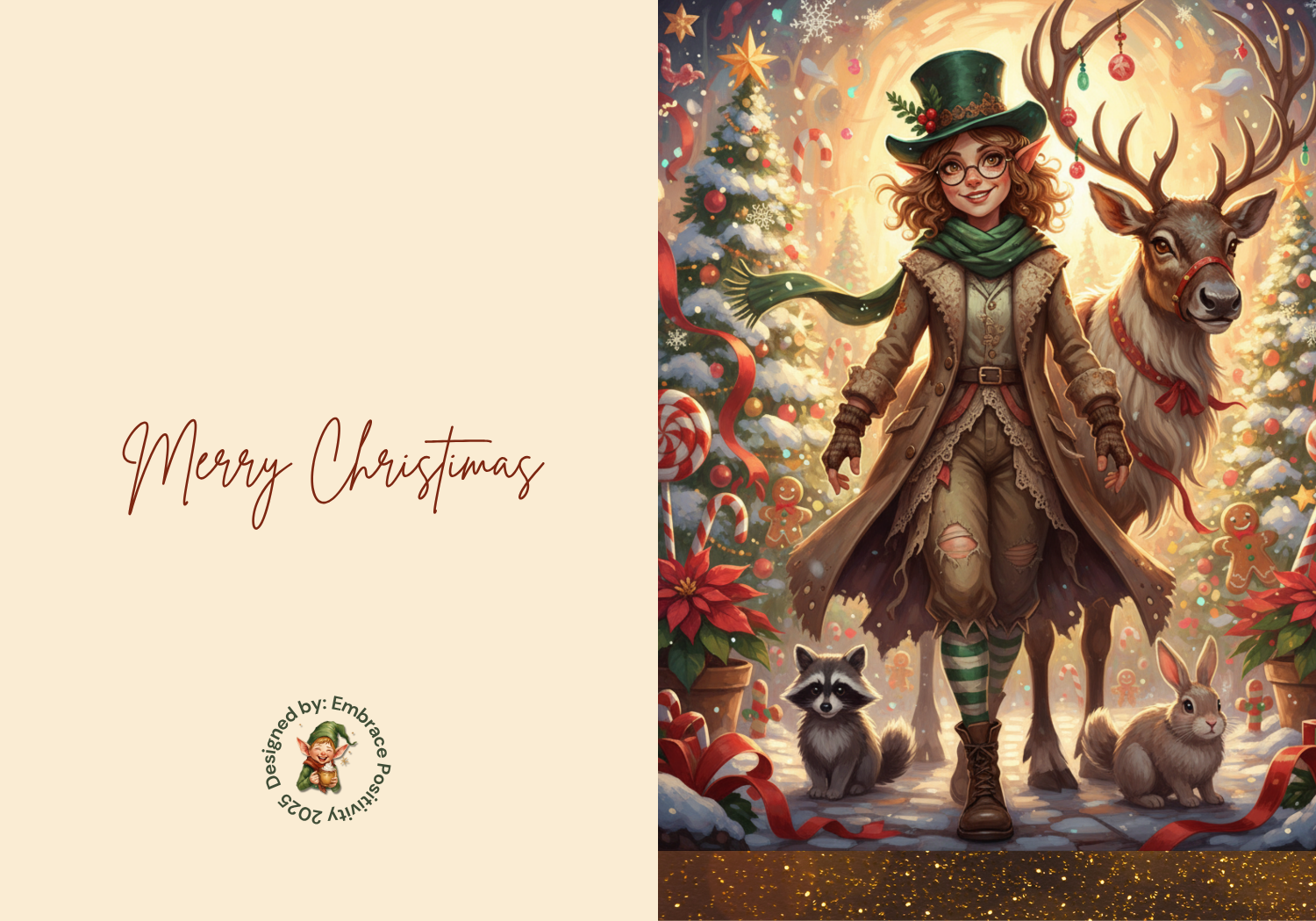 Whimsicle Elf Christmas Card Bundle - Digital Download featuring a festive elf in green attire with a reindeer, raccoon, and rabbit in a snowy forest. Includes 'Merry Christmas' text and matching inner design, ideal for holiday stationery and printable crafts.