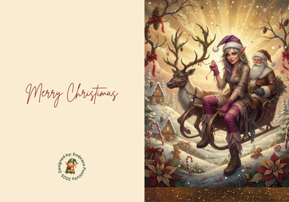 Whimsicle Elf Christmas Card Bundle - Digital Download featuring a festive elf and Santa on a sleigh in a snowy village. Includes printable A7 card design.