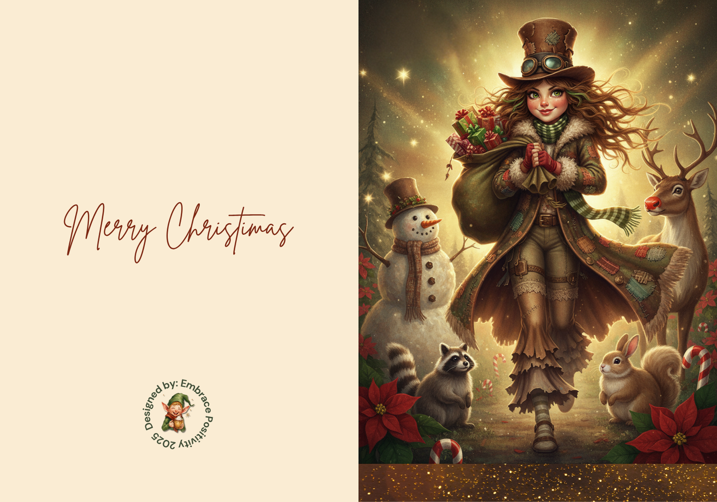 Whimsicle Elf Christmas Card Bundle - Digital Download featuring a steampunk-style elf with animals, snowman, and reindeer in a festive scene. Includes 'Merry Christmas' text and holiday-themed artwork, ideal for printable holiday cards and DIY stationery projects.