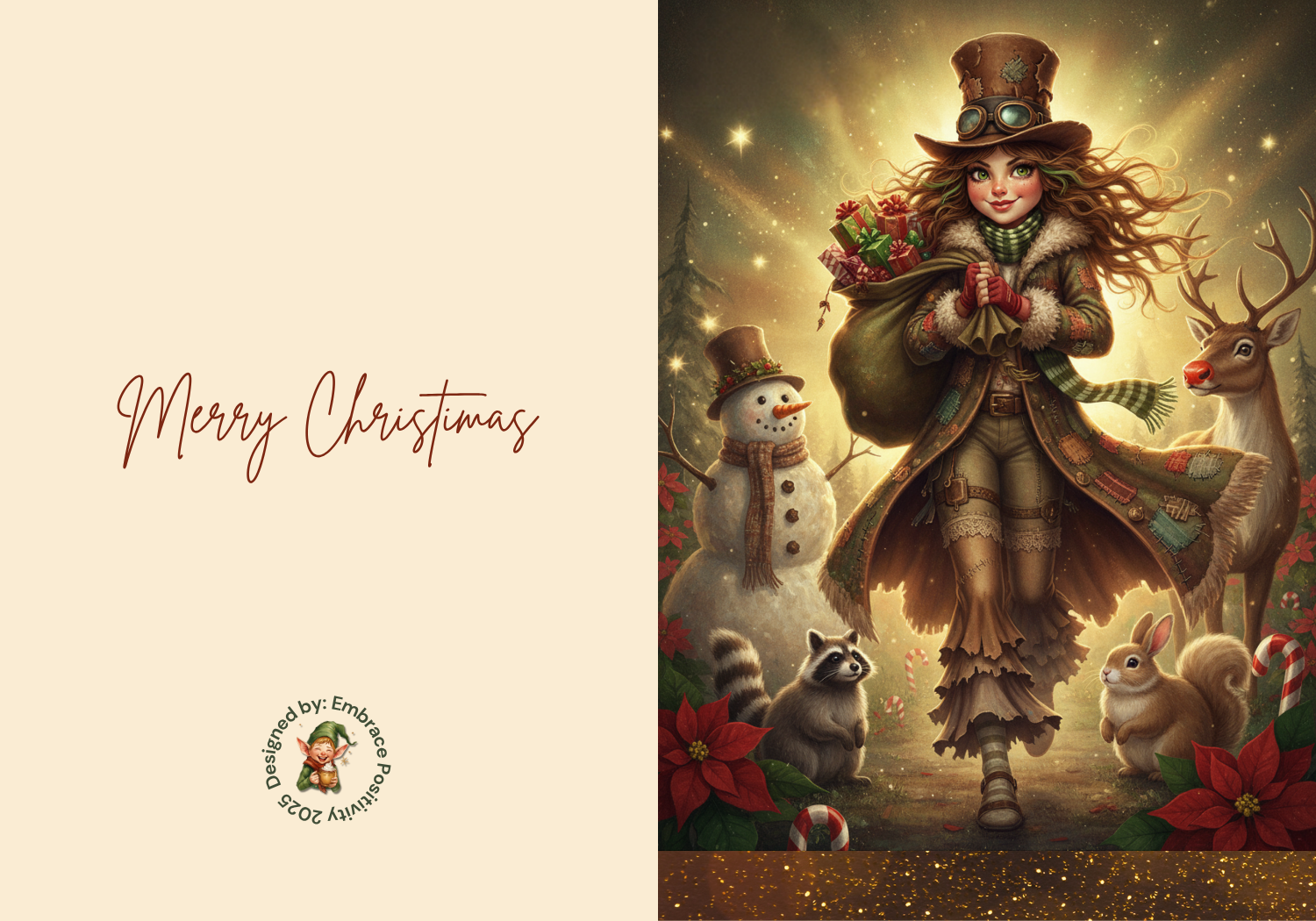 Whimsicle Elf Christmas Card Bundle - Digital Download featuring a steampunk-style elf with animals, snowman, and reindeer in a festive scene. Includes 'Merry Christmas' text and holiday-themed artwork, ideal for printable holiday cards and DIY stationery projects.