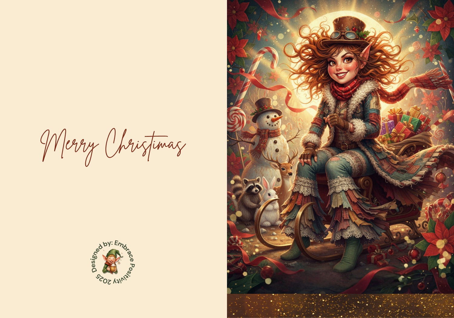 Whimsicle Elf Christmas Card Bundle - Digital Download featuring a cheerful steampunk-style elf with woodland animals and festive decor. Includes Merry Christmas text and printable design for holiday crafting and greeting cards.
