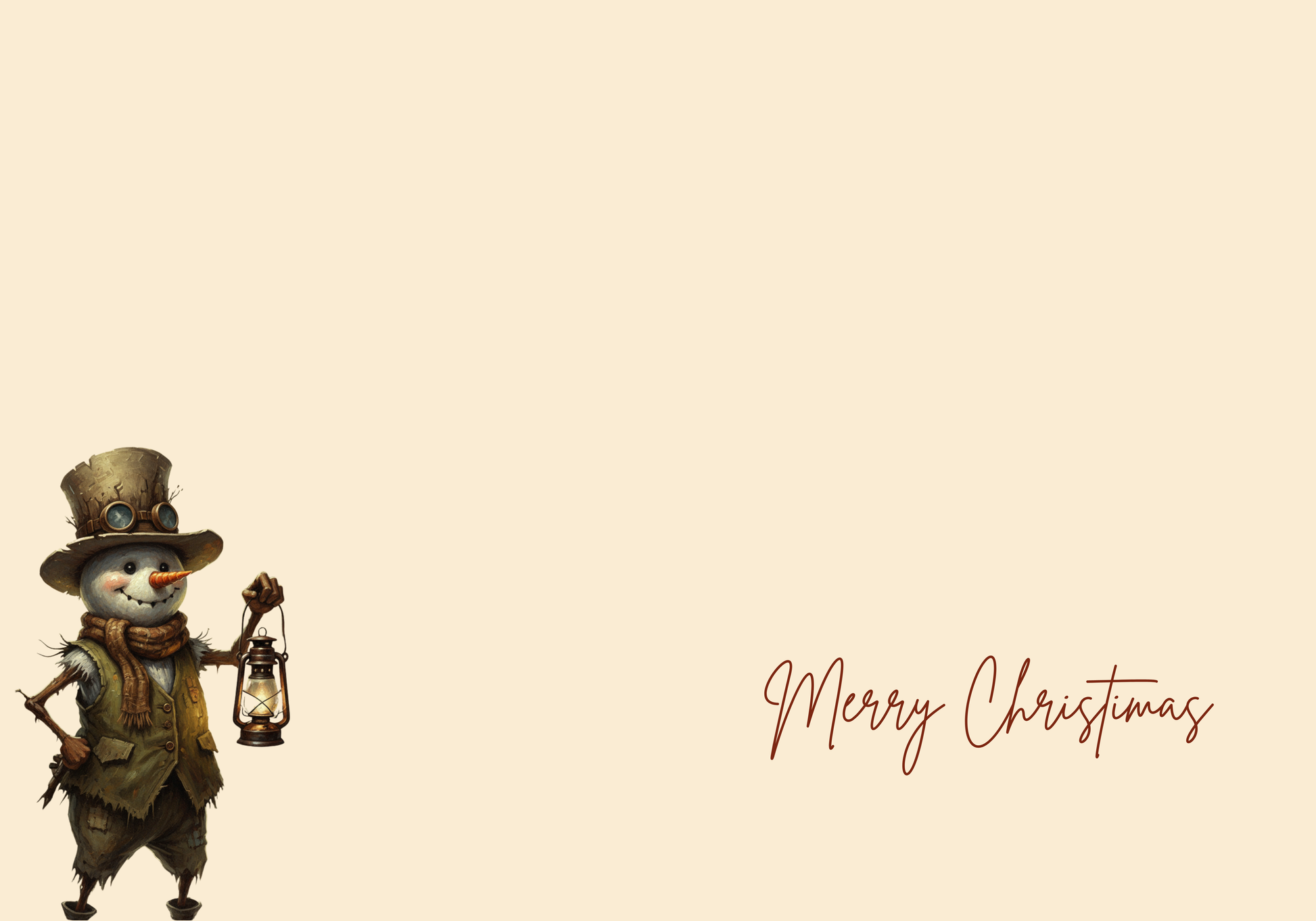 Whimsicle Elf Christmas Card Bundle - Digital Download featuring a steampunk-style snowman elf holding a lantern with 'Merry Christmas' text on beige background. Ideal for printable holiday greeting cards and festive stationery.