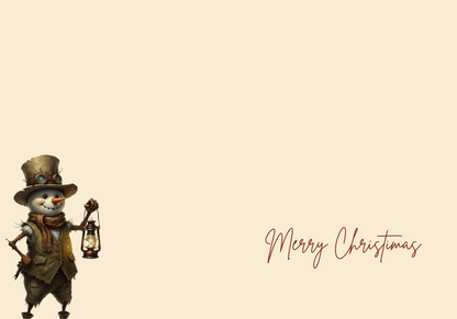 Whimsicle Elf Christmas Card Bundle - Digital Download featuring a steampunk-style snowman elf holding a lantern with 'Merry Christmas' text on beige background. Ideal for printable holiday greeting cards and festive stationery.