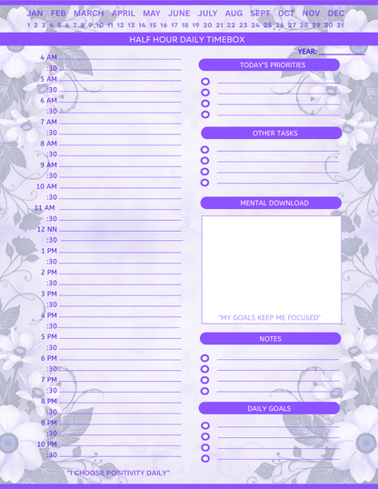 Half Hour Daily Planner - Template Pages Only