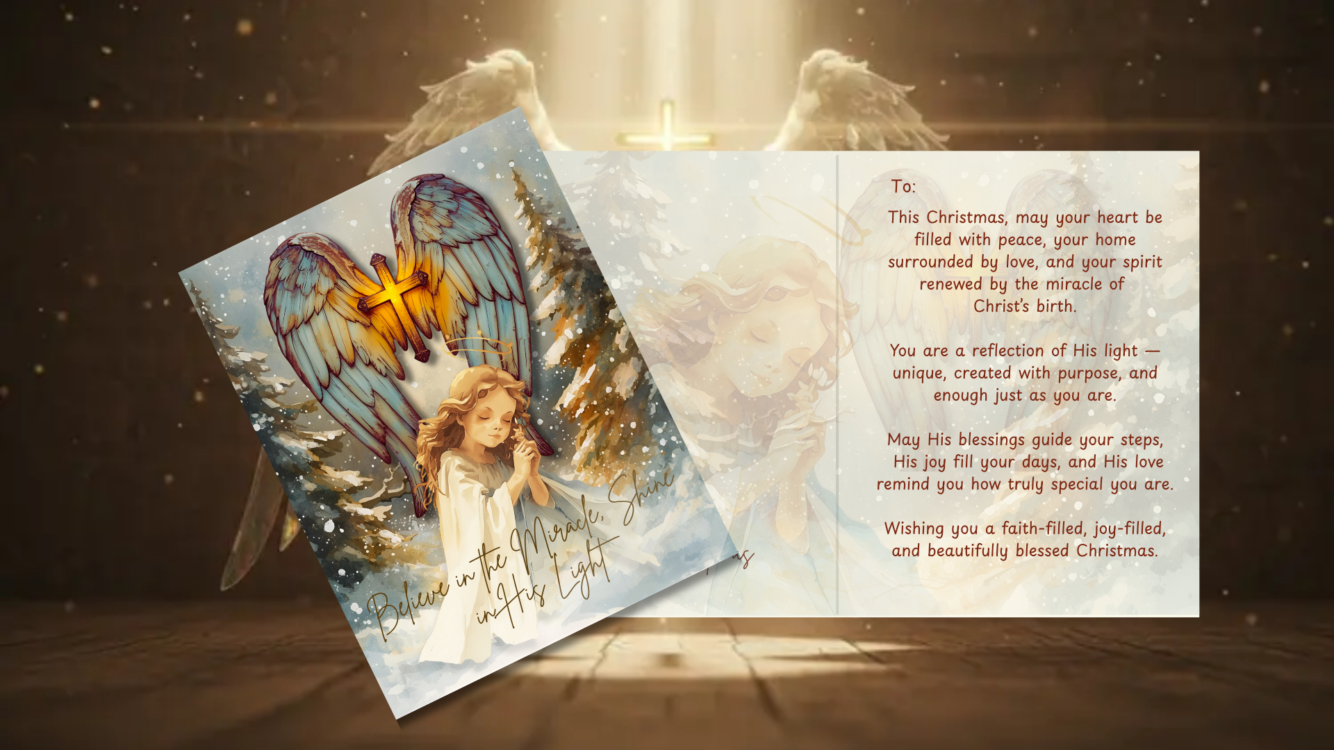 Christmas card featuring angel with blue wings and golden cross, from Joyful Reflections: A Set of 5 Religious Christmas Cards collection.
