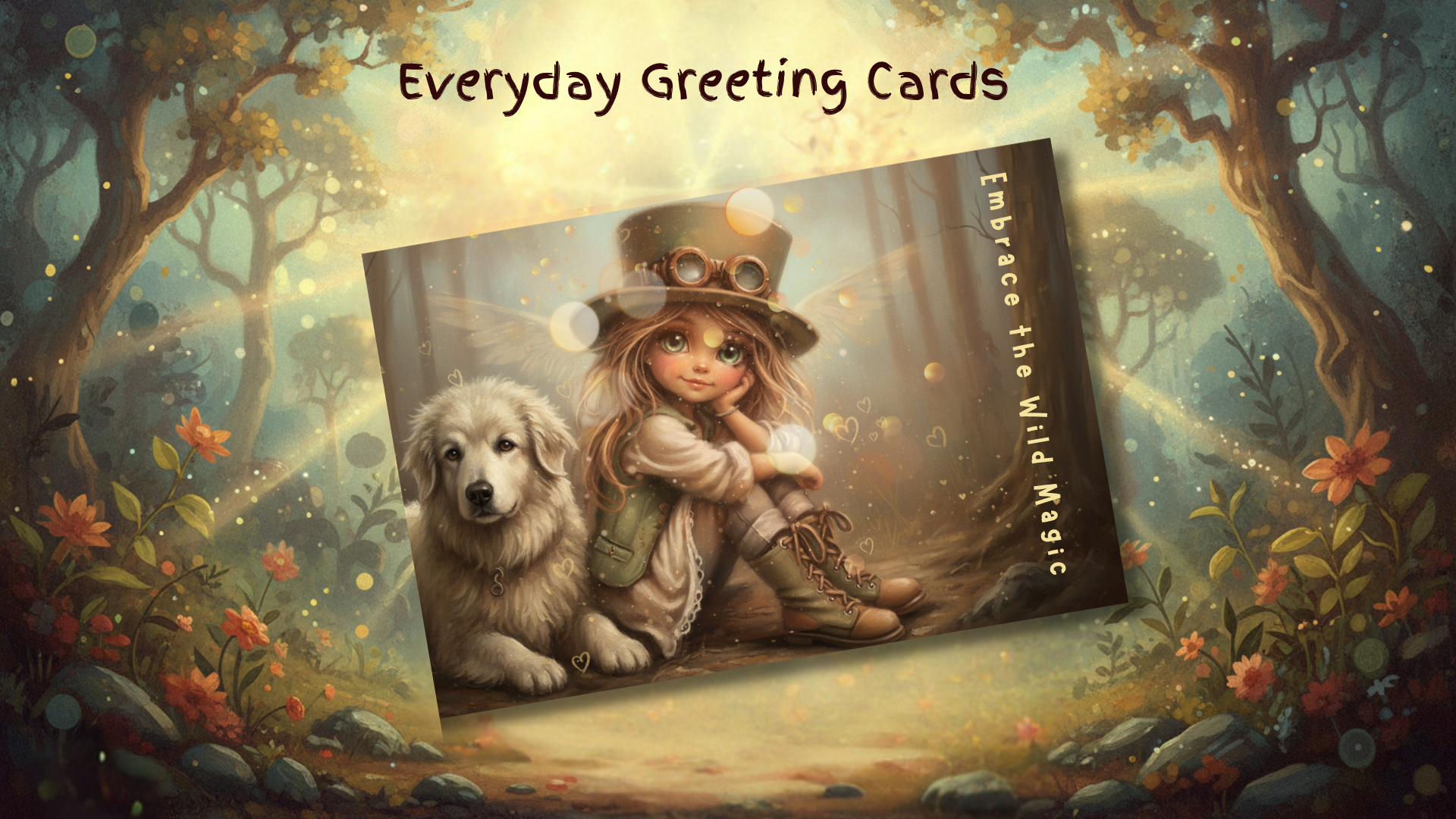 Magical greeting card with Vagaboon Girl and white dog, captioned 'Embrace the Wild Magic,' perfect for personal messages, Canva and Gelato compatible.