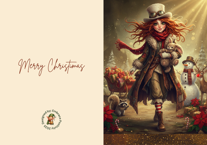 Whimsicle Elf Christmas Card Bundle - Digital Download featuring a steampunk-style elf girl holding a teddy bear, surrounded by festive elements like reindeer, snowman, and holiday lights. Includes 'Merry Christmas' text and is ideal for printable holiday stationery and DIY card making.