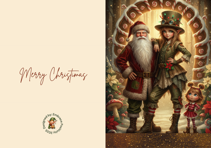 Whimsicle Elf Christmas Card Bundle - Digital Download featuring a festive elf family with Santa in a gingerbread archway. Includes whimsical holiday design.