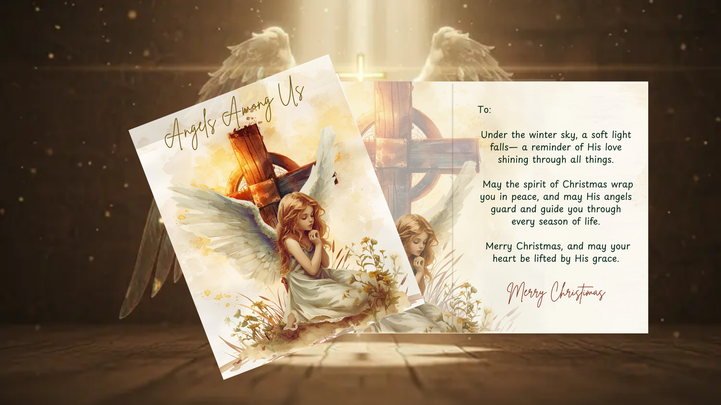 Angel-themed Christmas card with soft golden tones and cross, included in Joyful Reflections: A Set of 5 Religious Christmas Cards.