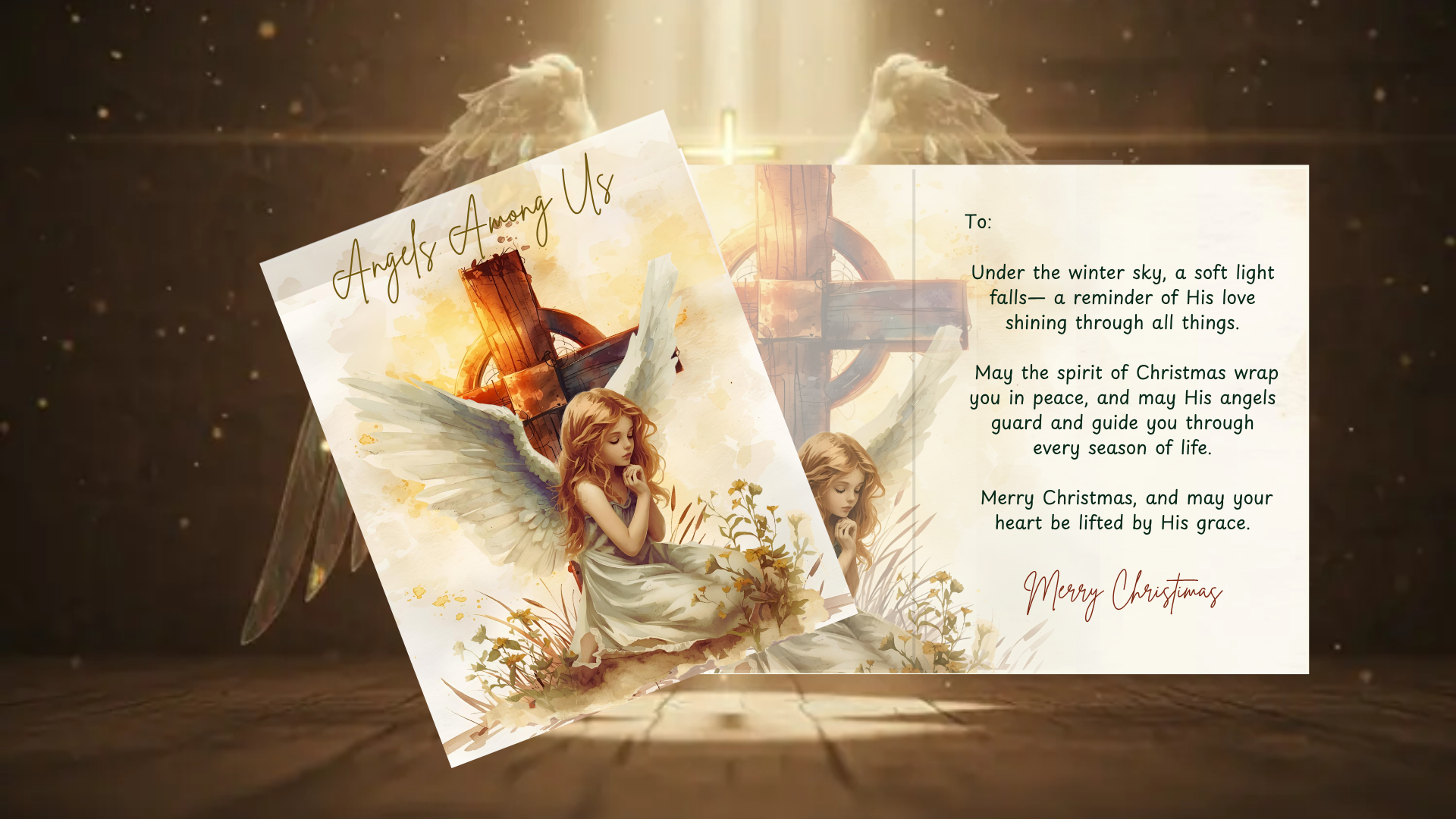 Angel-themed Christmas card with soft golden tones and cross, included in Joyful Reflections: A Set of 5 Religious Christmas Cards.