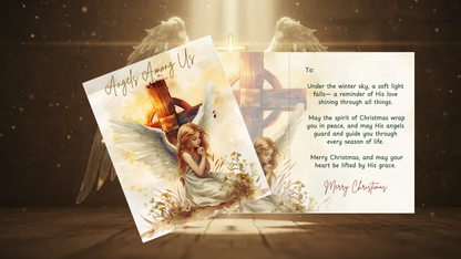Angel-themed Christmas card with soft golden tones and cross, included in Joyful Reflections: A Set of 5 Religious Christmas Cards.