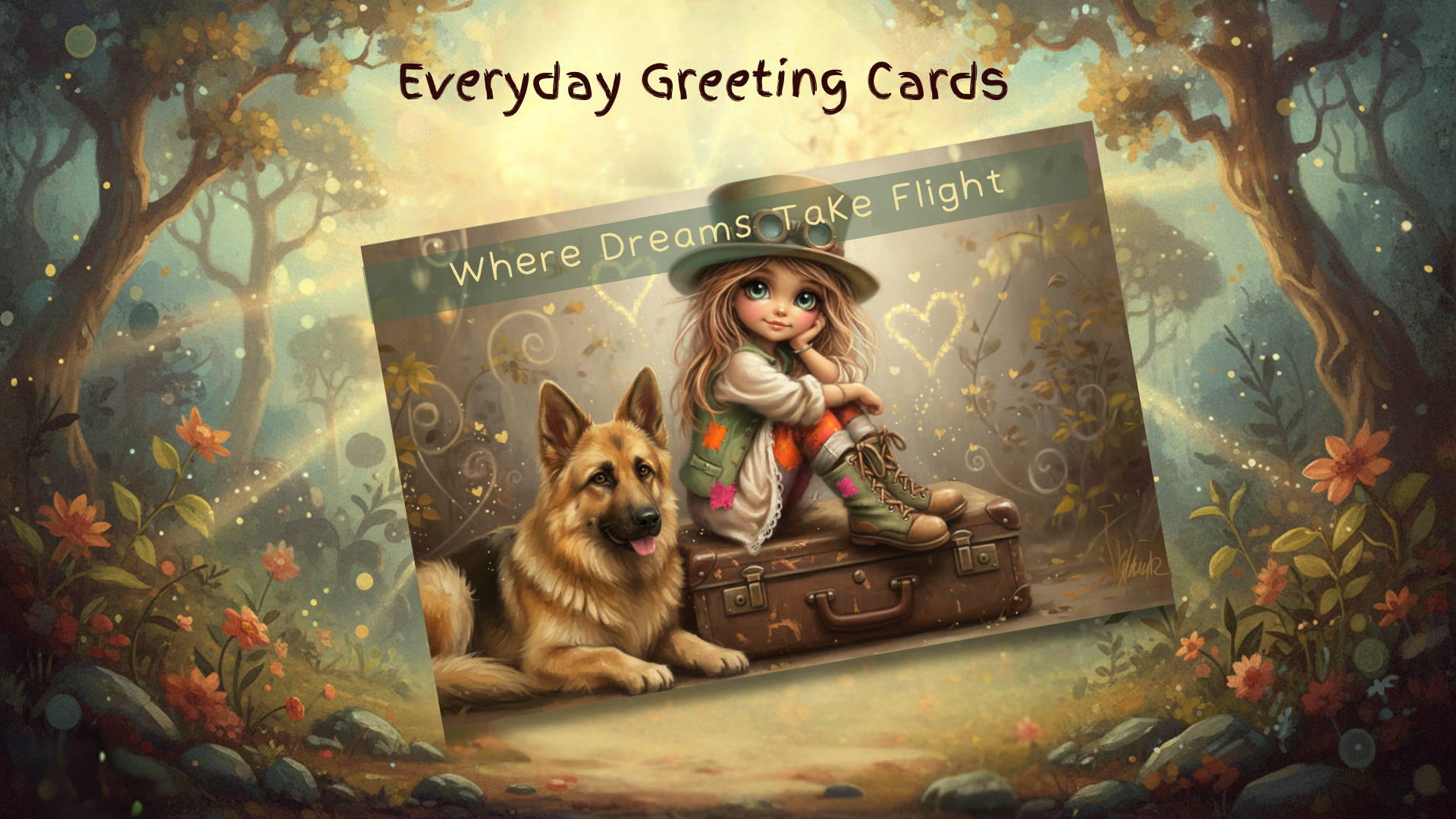 Digital card featuring Vagaboon Girl with German Shepherd and suitcase, titled 'Where Dreams Take Flight,' ideal for whimsical celebrations.