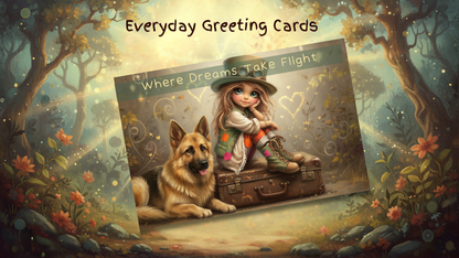 Digital card featuring Vagaboon Girl with German Shepherd and suitcase, titled 'Where Dreams Take Flight,' ideal for whimsical celebrations.
