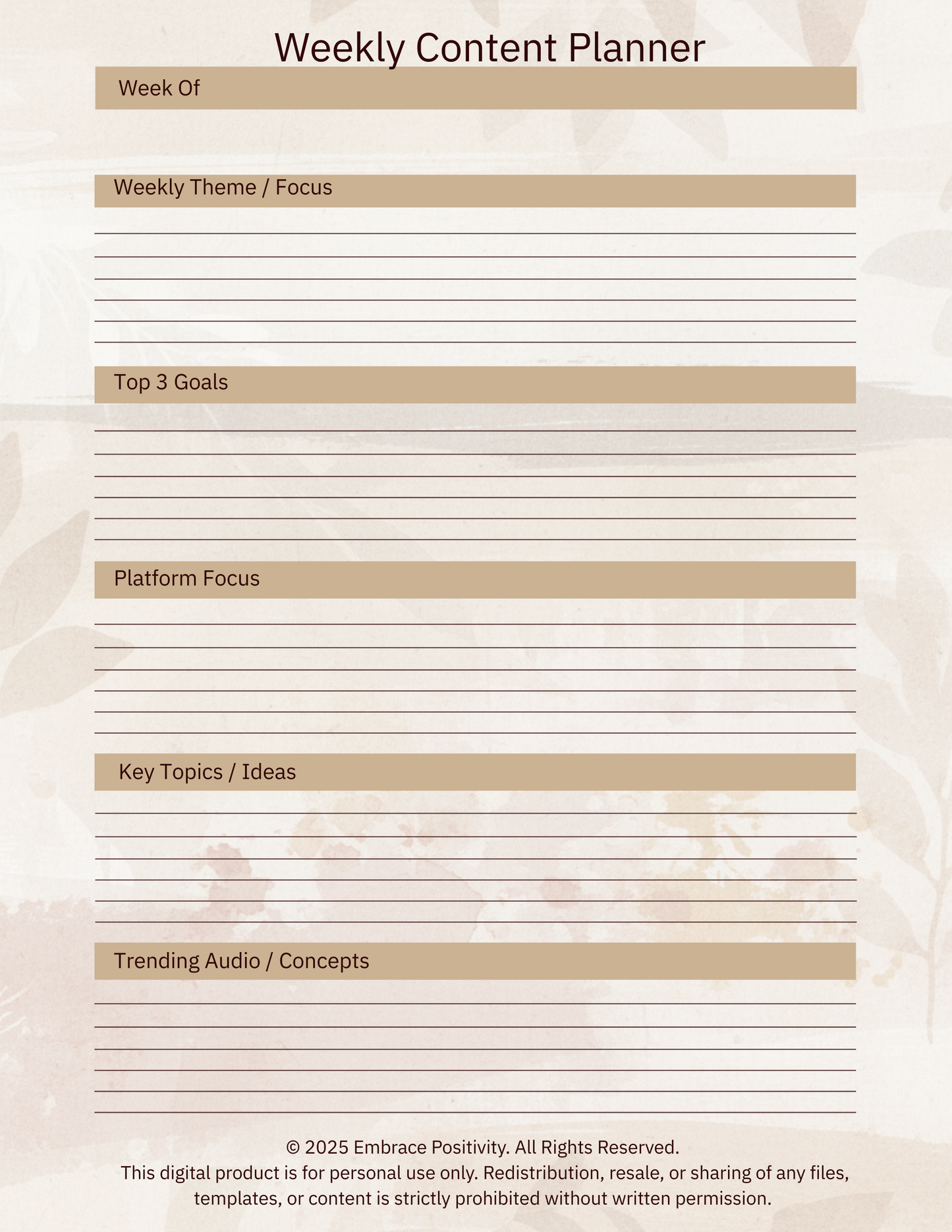 The Embrace Positivity Content Creator Planner - Digital Marketing Content Planner Set — Daily, Weekly & Monthly | Canva-Ready