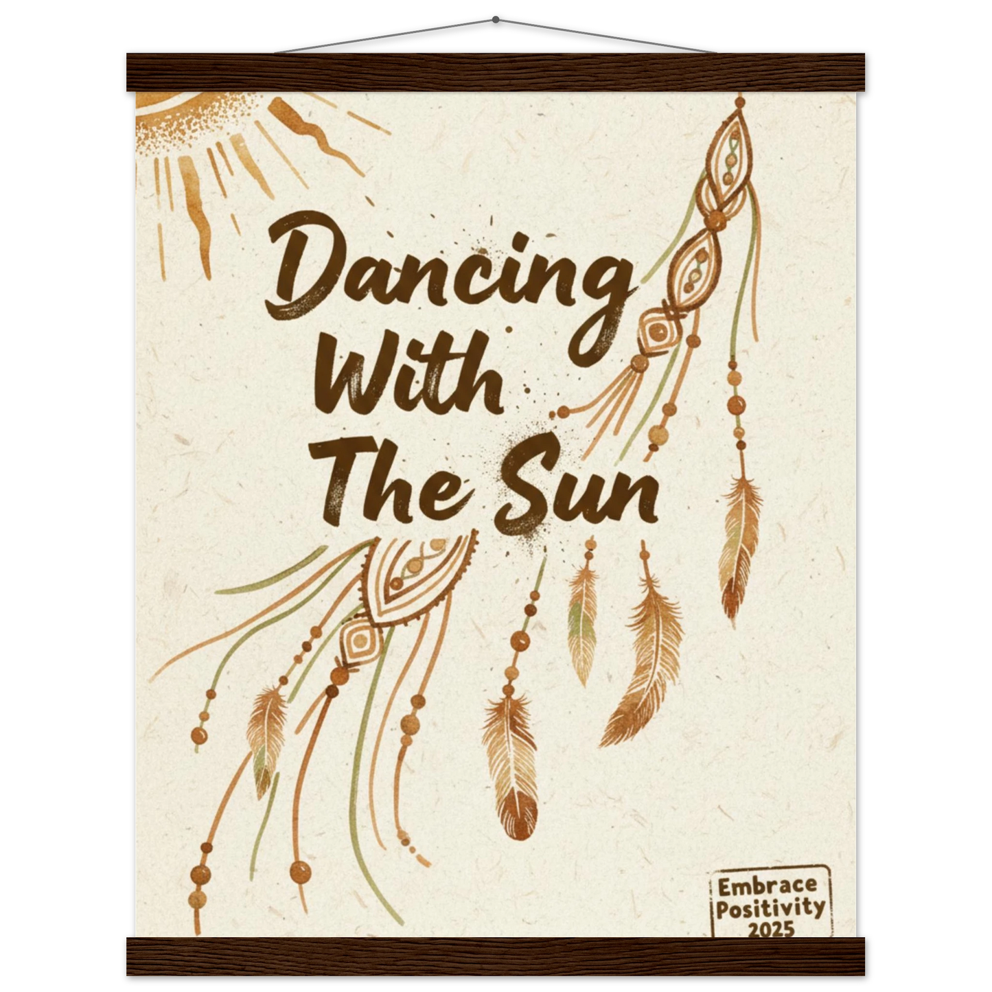 Decorative wall hanging with 'Dancing With The Sun' text and feather design on a beige background.