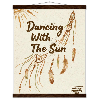 Decorative wall hanging with 'Dancing With The Sun' text and feather design on a beige background.
