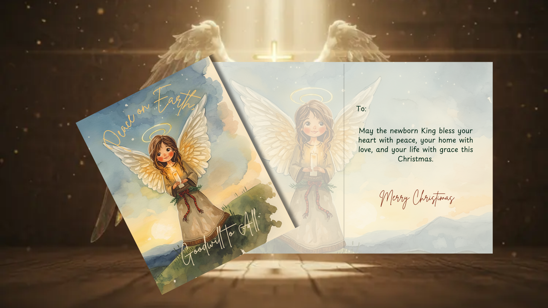 Peace on Earth card with illustrated angel and halo, part of Joyful Reflections: A Set of 5 Religious Christmas Cards for heartfelt greetings.
