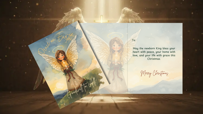 Peace on Earth card with illustrated angel and halo, part of Joyful Reflections: A Set of 5 Religious Christmas Cards for heartfelt greetings.