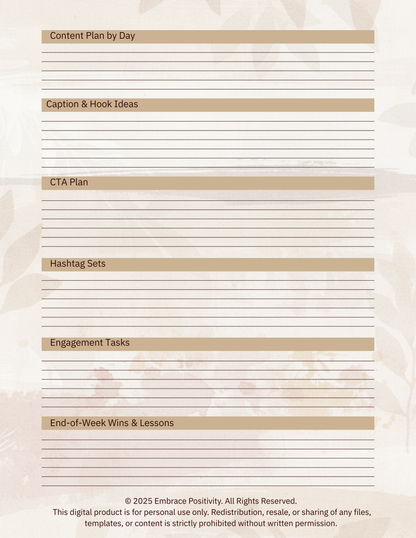 The Embrace Positivity Content Creator Planner - Digital Marketing Content Planner Set — Daily, Weekly & Monthly | Canva-Ready