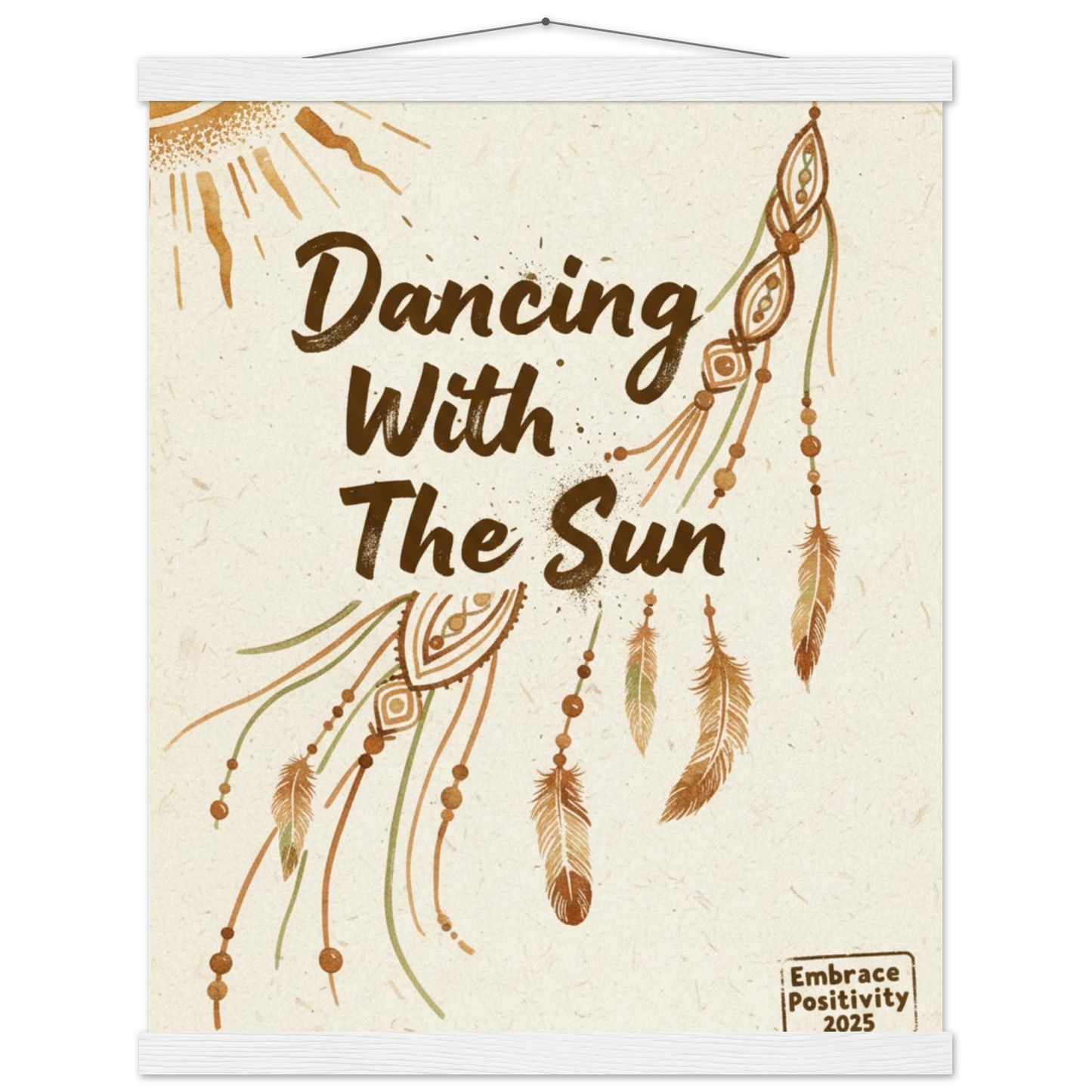 Decorative wall hanging with 'Dancing With The Sun' text and dreamcatcher design on a beige background.