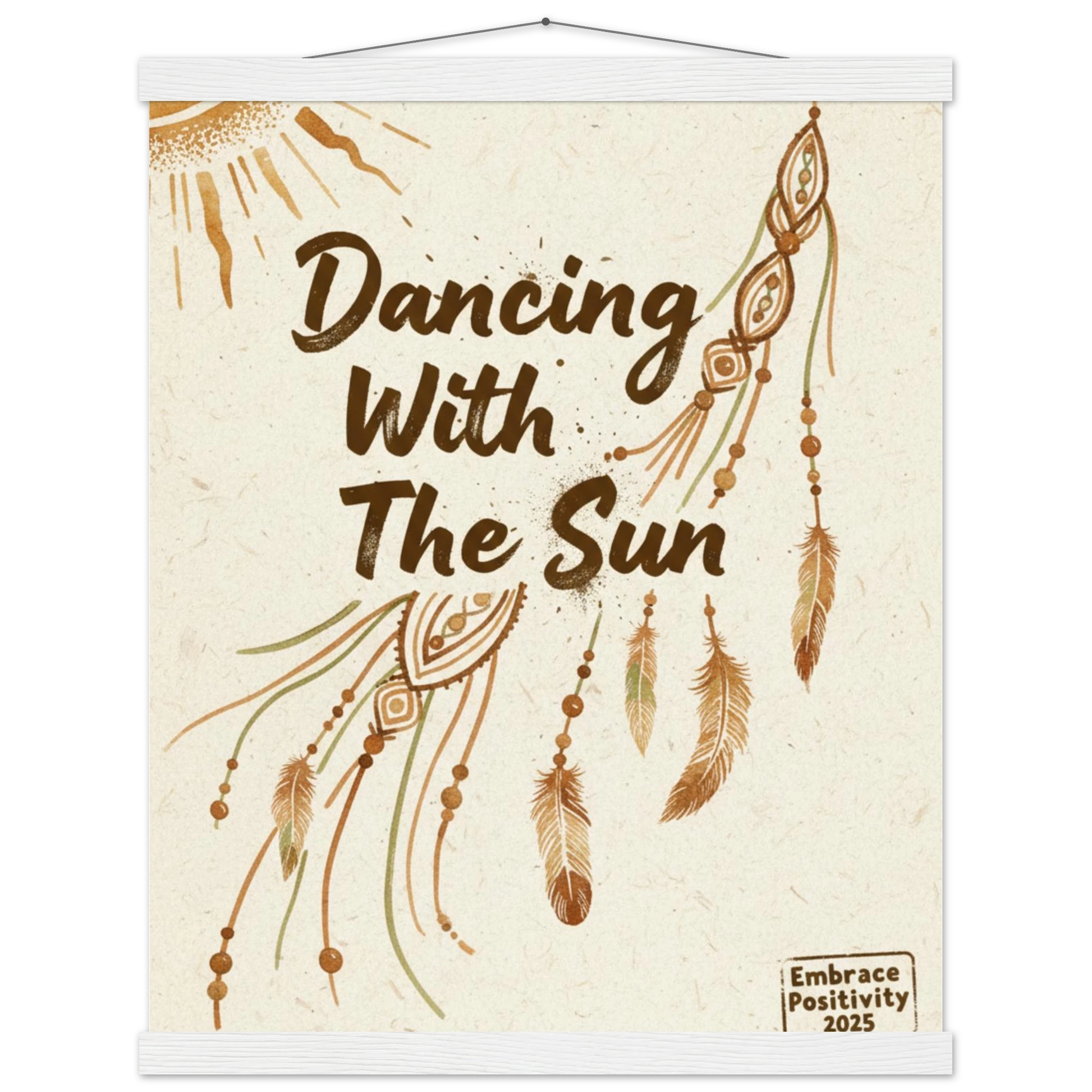 Decorative wall hanging with 'Dancing With The Sun' text and dreamcatcher design on a beige background.