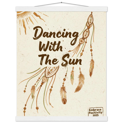 Decorative wall hanging with 'Dancing With The Sun' text and dreamcatcher design on a beige background.