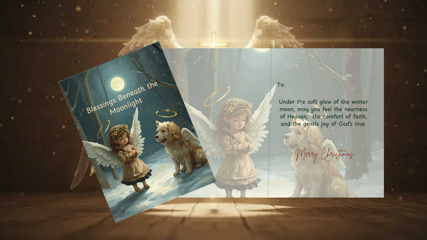 Christmas card with angel and dog under moonlight, from Joyful Reflections: A Set of 5 Religious Christmas Cards celebrating faith and love.