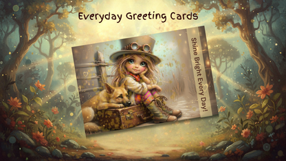 Charming greeting card with Vagaboon Girl and fox, captioned 'Shine Bright Every Day,' designed for spreading positivity and joy.