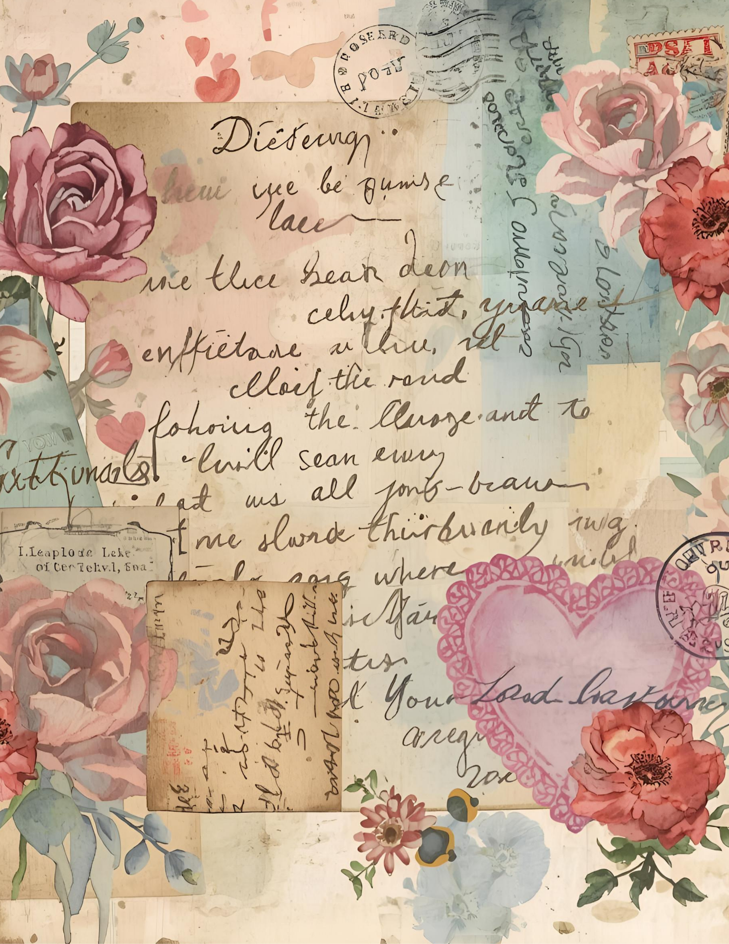 Printable Junk Journal Kit – 65 Pages Nostalgic Love Collage | Vintage Ephemera Tags & Pockets | Digital Download