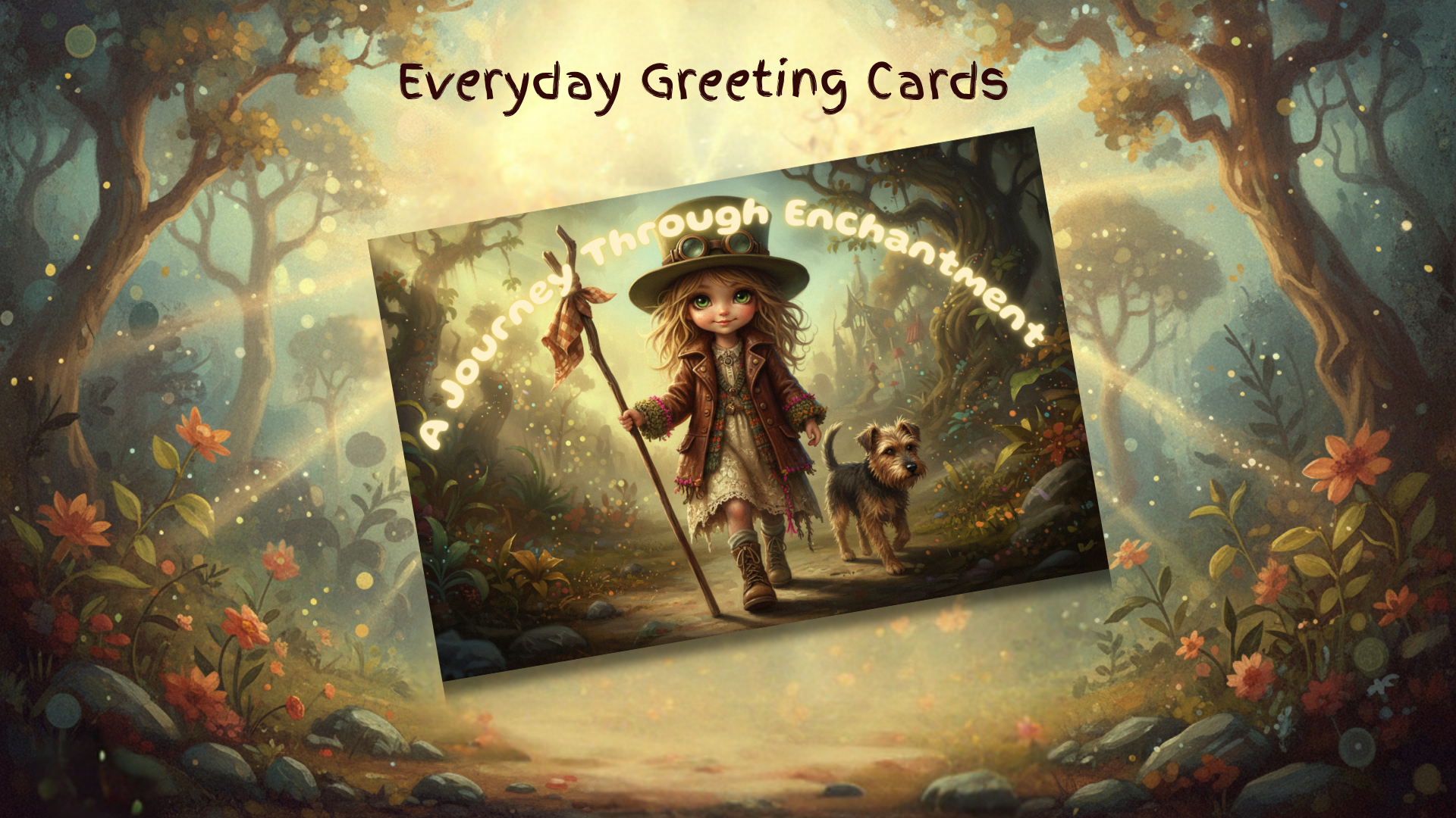 Whimsical greeting card with Vagaboon Girl and dog on forest path, titled 'A Journey Through Enchantment,' perfect for heartfelt messages.