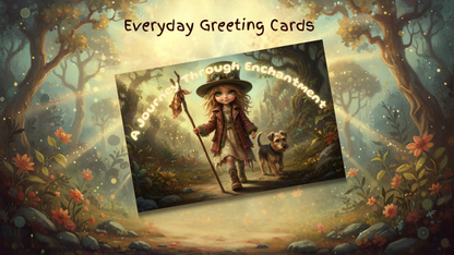 Whimsical greeting card with Vagaboon Girl and dog on forest path, titled 'A Journey Through Enchantment,' perfect for heartfelt messages.