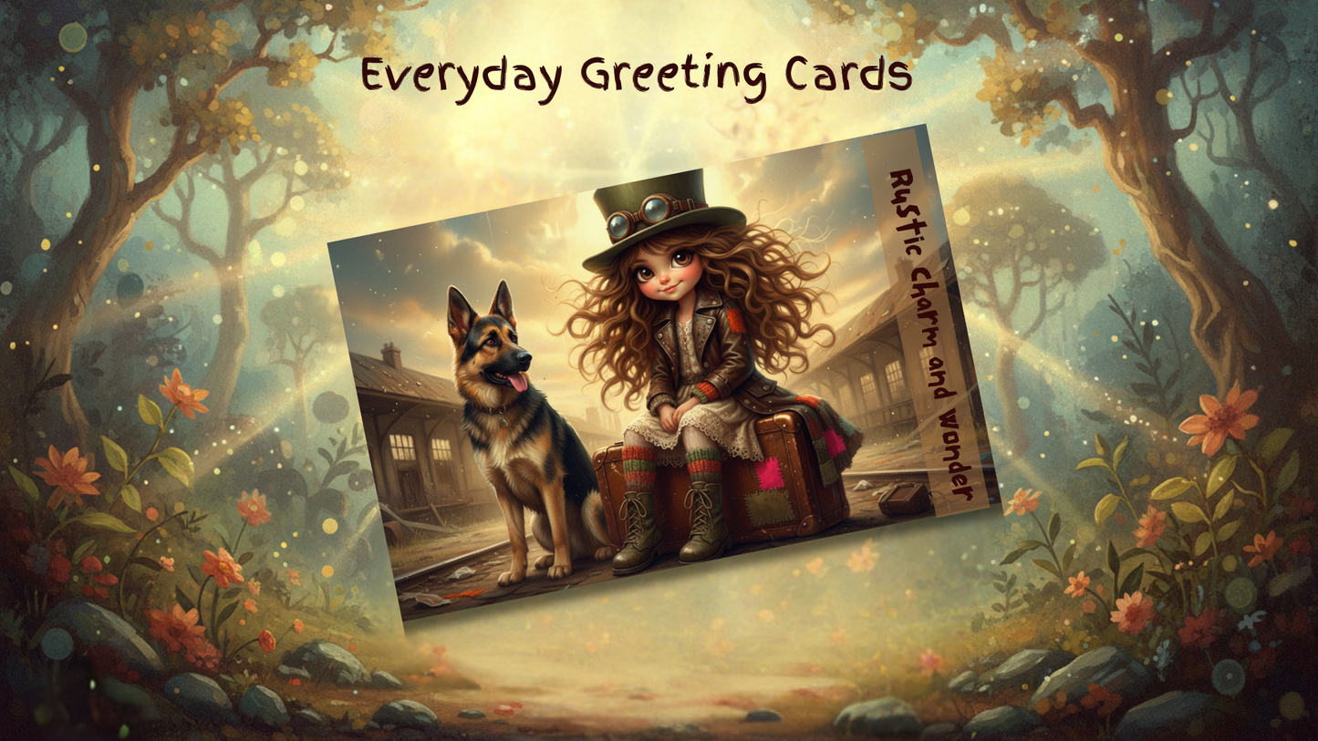 Rustic-themed greeting card with curly-haired Vagaboon Girl and German Shepherd, labeled 'Rustic Charm and Wonder,' ideal for joyful occasions.