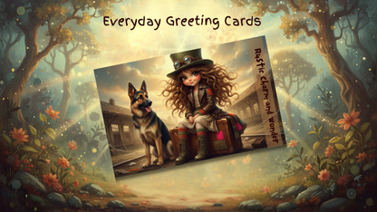 Rustic-themed greeting card with curly-haired Vagaboon Girl and German Shepherd, labeled 'Rustic Charm and Wonder,' ideal for joyful occasions.