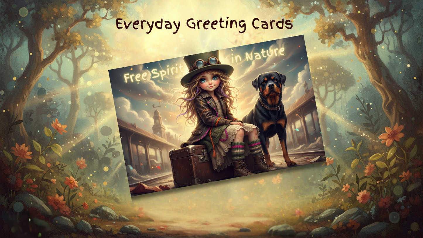 Duplicate whimsical greeting card featuring Vagaboon Girl and Rottweiler, captioned 'Free Spirit in Nature,' Canva and Gelato compatible.