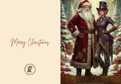 Whimsicle Elf Christmas Card Bundle - Digital Download featuring a steampunk-style elf and traditional Santa Claus in a snowy, festive setting. Includes 'Merry Christmas' text and a designer stamp, ideal for printable holiday greeting cards.