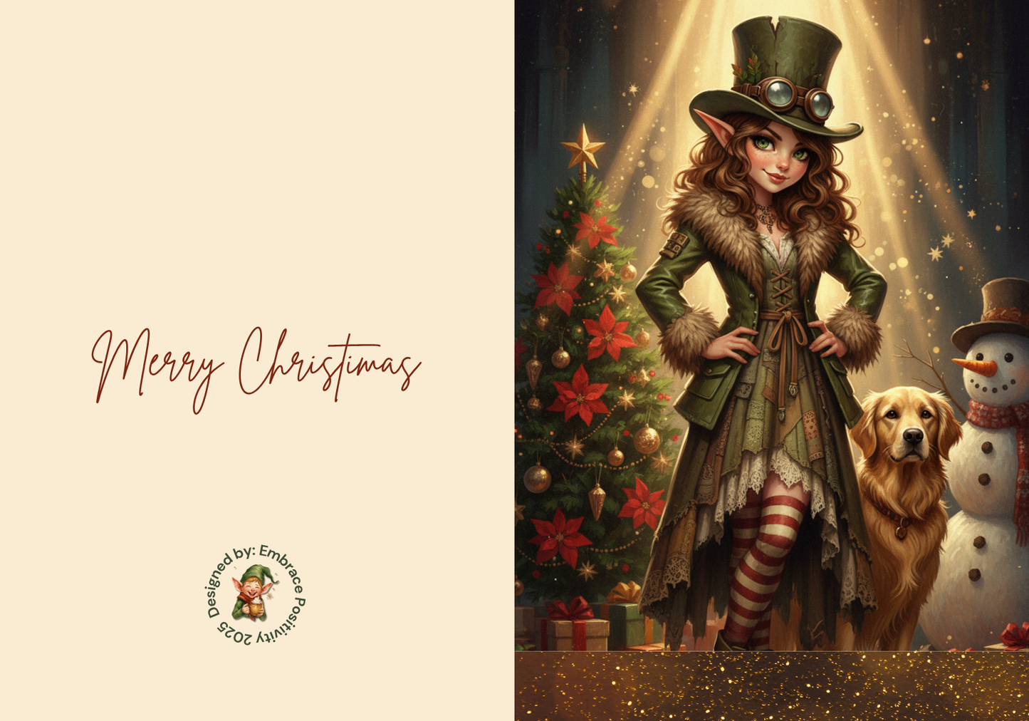 Whimsicle Elf Christmas Card Bundle - Digital Download featuring a steampunk-style elf woman in green coat with a golden retriever, snowman, and Christmas tree. Includes 'Merry Christmas' text and festive background, ideal for printable holiday stationery.