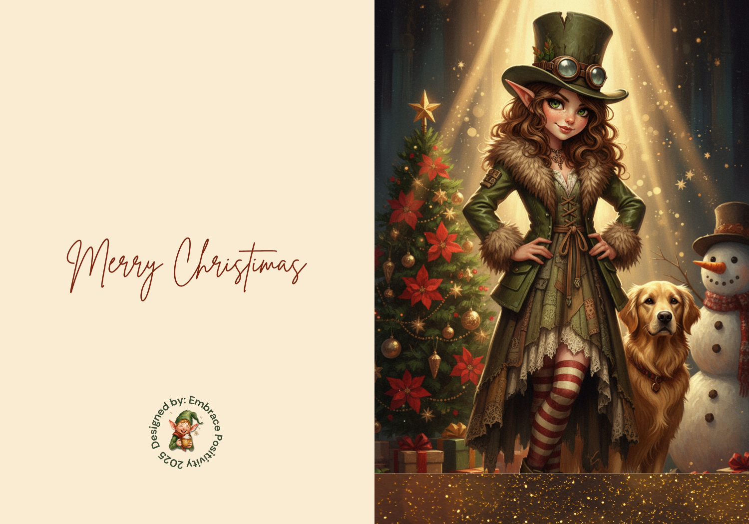 Whimsicle Elf Christmas Card Bundle - Digital Download featuring a steampunk-style elf woman in green coat with a golden retriever, snowman, and Christmas tree. Includes 'Merry Christmas' text and festive background, ideal for printable holiday stationery.