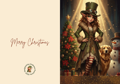 Whimsicle Elf Christmas Card Bundle - Digital Download featuring a steampunk-style elf woman in green coat with a golden retriever, snowman, and Christmas tree. Includes 'Merry Christmas' text and festive background, ideal for printable holiday stationery.