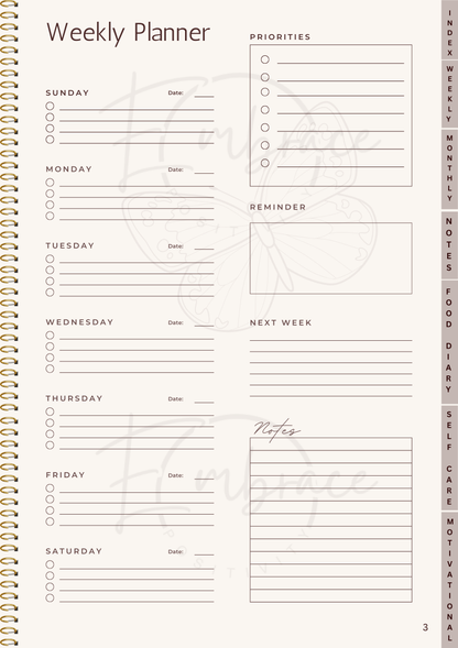 Thrive and Shine Digital Planner. Downloadable, Weekly, Monthly, Daily Planning and Self Care Journal, Food Diary, Wellness & Motivation PDF.
