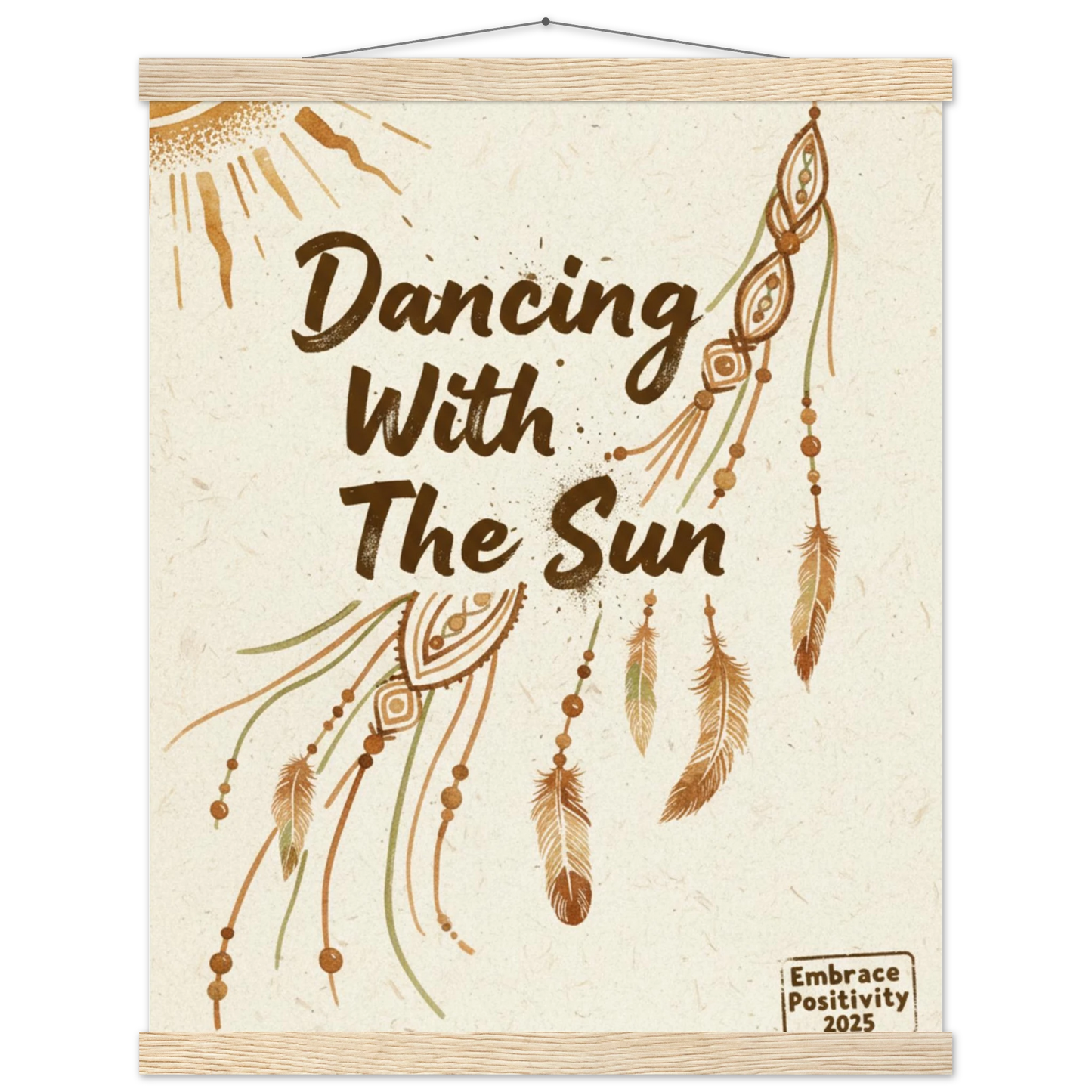 Decorative wall hanging with 'Dancing With The Sun' text and dreamcatcher design on a beige background.