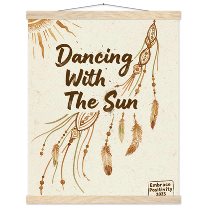 Decorative wall hanging with 'Dancing With The Sun' text and dreamcatcher design on a beige background.