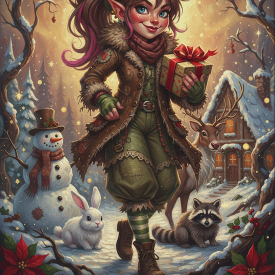 Whimsical Elf Image Collection features a festive female elf holding a gift in a snowy forest with woodland animals, ideal for Christmas crafts and cards.