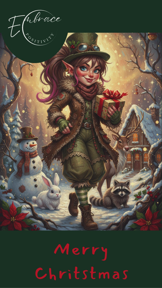 Whimsical Elf Image Collection features a festive female elf holding a gift in a snowy forest with woodland animals, ideal for Christmas crafts and cards.