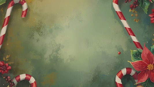 Whimsicle Elf Christmas Card Bundle - Digital Download featuring a festive green background with red and white candy canes and poinsettias. Ideal for printable holiday greeting cards and DIY Christmas stationery.