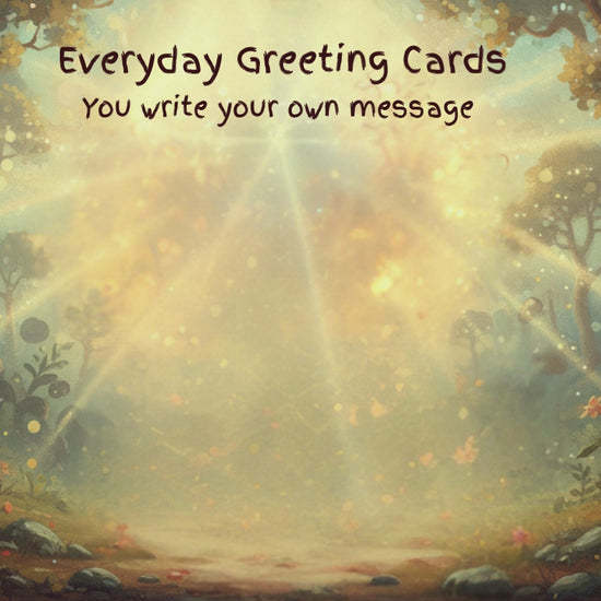 Whimsical forest-themed greeting card background with sunbeams and floral details, perfect for customizable Canva and Gelato-compatible messages.