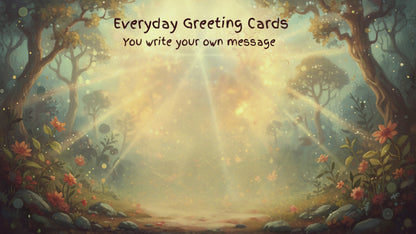 Whimsical forest-themed greeting card background with sunbeams and floral details, perfect for customizable Canva and Gelato-compatible messages.