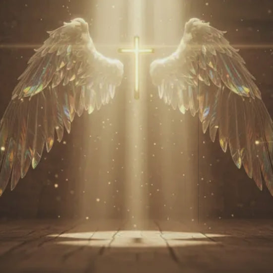 Golden angel wings and glowing cross illuminated by divine light, symbolizing faith and hope in Joyful Reflections religious Christmas cards.